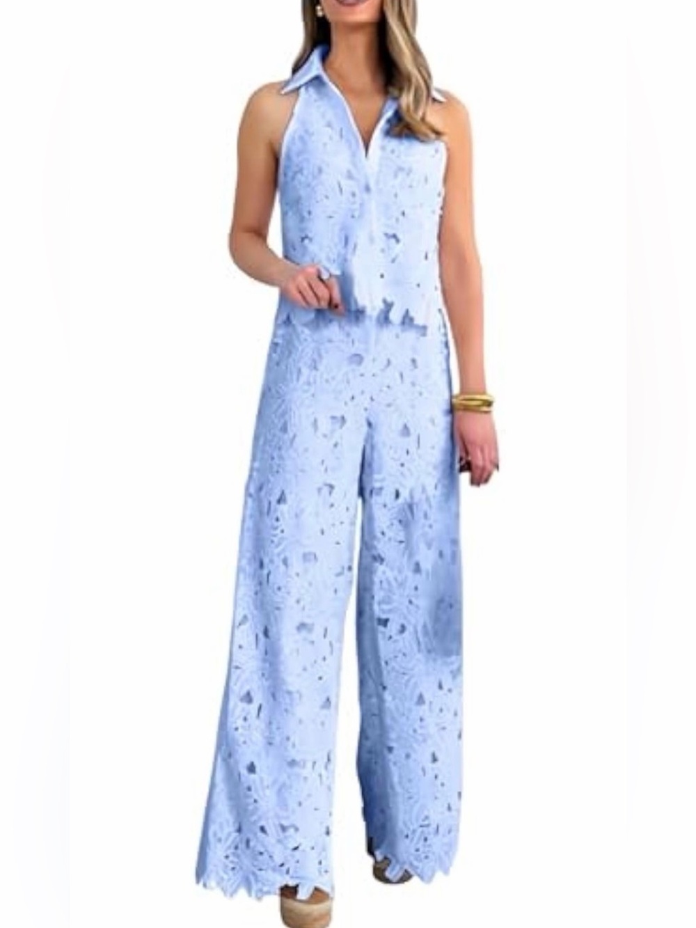 SHEIN Light Blue Sleeveless Lace Wide-Leg Jumpsuit